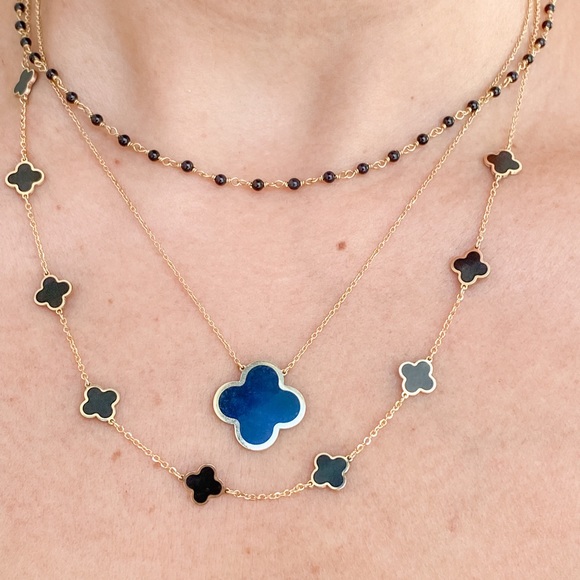 14K Yellow Gold Onyx Clover Station Necklace - Picture 8 of 9